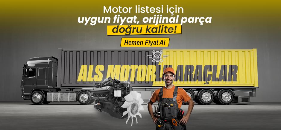 Motor listesi için uygun fiyat garantisini anlatan tır, tır motoru ve yazılar bulunuyor.